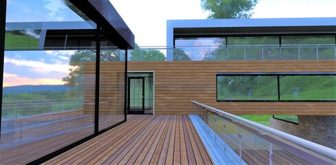 Fototapeta premium Terrace board. Terrace with wooden flooring. Front board as finishing of a facade. It goes well with a glass fence and mirrored windows. 3d render.