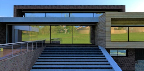 Wide designer staircase. The material is concrete. Advanced futuristic house. Sliding mirror doors. Wood trim. The terrace is surrounded by glass panels. 3d render.