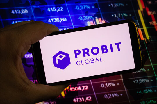 KONSKIE, POLAND - August 10, 2022: Smartphone displaying logo of ProBit Global cryptocurrency exchange on stock exchange chart background