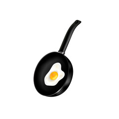 Fried egg in a frying pan. Pan is isolated on a white background. Eggs.