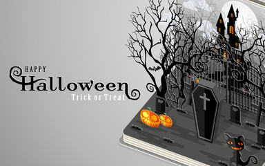 Happy Halloween Sale Poster. Vector illustration in flat design and isometric paper cut pop-up style.