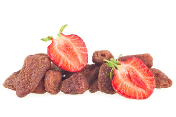 Fresh strawberry and dried strawberry isolated on a white background. Sweet and sour dried strawberries.
