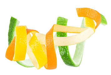 Orange and lemon fruit peel isolated on a white background. Fresh citrus fruit skin. - obrazy, fototapety, plakaty