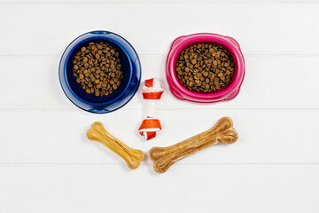 Dry dog pet food in bowl and accessories on white wooden background top view. Pet feeding and care concept background with copy space. Photograph taken from above.