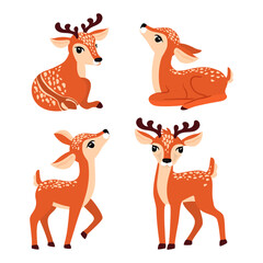 Set of vector cartoon female and male deer.Two pairs of animal characters in different poses isolated on white background.Cute print on fabric and paper.Flat illustration for design card,poster.