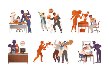 Obraz premium Furious boss and stressed staff set. Angry employers scolding frustrated employees flat vector illustration