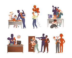Obraz premium Furious boss and stressed staff set. Angry employers scolding frustrated employees. People feeling stress at work flat vector illustration