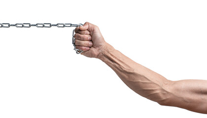 Strong arm and chain on white background.