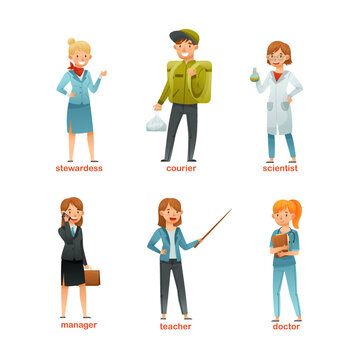 People of different professions set. Stewardess, courier, scientist, manager, teacher, doctor cartoon vector illustration