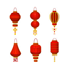 Fototapeta na wymiar Red Chineese lanters set. Traditional Asian paper lanterns cartoon vector illustration