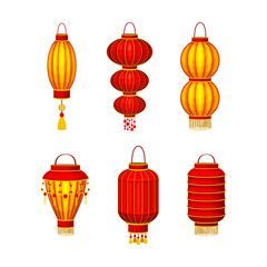 Fototapeta na wymiar Chineese lanters set. Traditional Chinese New Year decor cartoon vector illustration