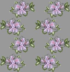 Fototapeta premium Flowering rhodadendrons, drawing in ink and paint, seamless pattern