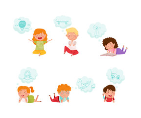 Kids imagination and fantasy. Adorable little boys and girls dreaming with bubbles over their heads cartoon vector illustration