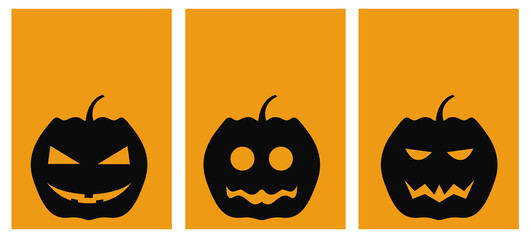 Illustration of a set of templates with a pumpkin with a scary smile, with a place for text, a postcard concept for the Halloween holiday.  Printing for sketchbooks, paper, packaging for goods.  