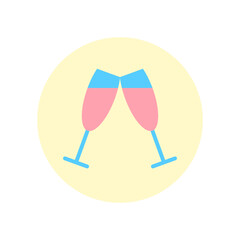 Two cheering pink Champagne glasses circle flat icon isolated on white background. Abstract beverage sign logo bar restaurant design. Alcohol drink symbol. Romantic party object vector illustration.