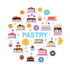 Naklejka premium Pastry shop circle concept on white background. Colorful elements with text. Danish pastries patisserie for cafe restaurant menu banner design. Cake donut bun cookie croissant pie vector illustration.