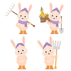 Collection cute cartoon characters of rabbit farmers. Happy bunnies in hat and rubber boots with rake, pitchfork and shovel and vegetable harvest wooden box. Vector illustration.
