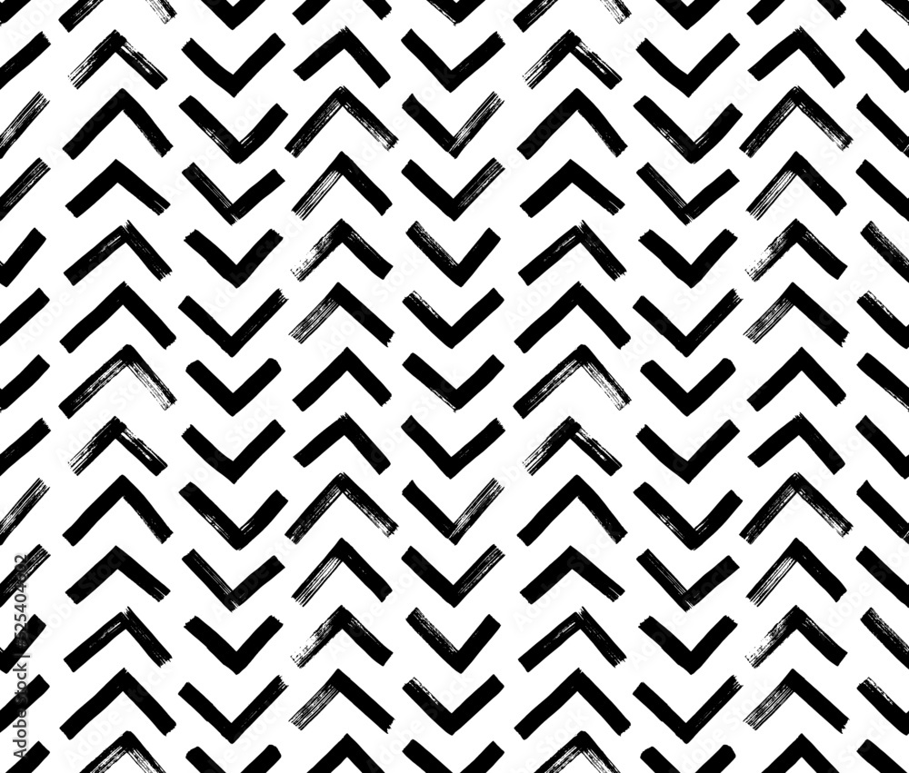 Wall mural Herringbone vector seamless pattern. Chevron pattern with black brush strokes. Geometric ornament with zig zag and triangular lines. Textured grunge geometric background for wallpaper, fabric print - Wall murals