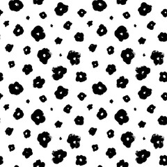 Seamless floral pattern in vector. Black and white small simple flowers. Floral wrapping paper, textile vector fill. Silhouettes of chamomile or daisy painted by brush. Brush stroke botanical pattern.