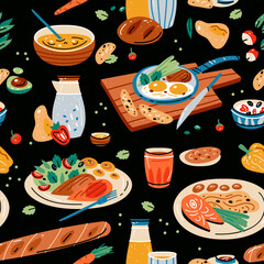 Colored seamless pattern of food and drink. Vector illustration for design of menu. Wallpaper, print, packaging, paper, textile design.