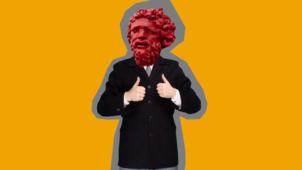 Abstract modern collage. The man with the plaster head of David showing thumbs up