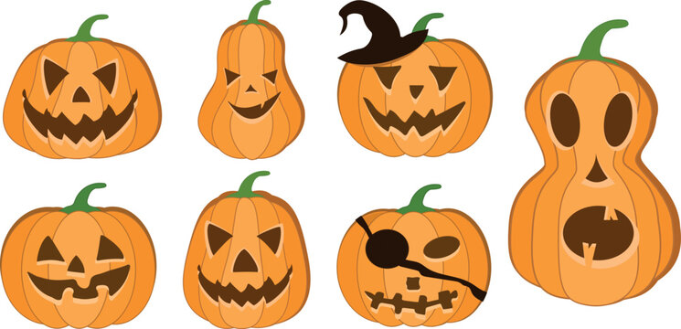 Halloween pumpkin vector 7 icons set, Emotion Variation. Simple flat style design elements. Set of silhouette spooky horror images of pumpkins. Scary Jack-o-lantern facial expressions Illustration