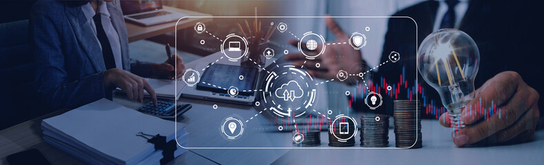 Obraz premium Hand touching infographic cloud computing and technology icons , cloud technology is centralize collect lifestyle and confidential information such as internet banking , password and shopping.