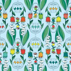 seamless pattern, floral with tulips, lily of the valley and floral elements