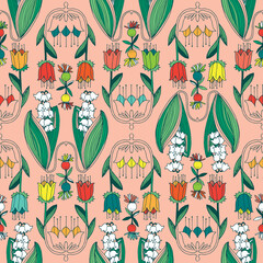 seamless pattern, floral with tulips, lily of the valley and floral elements