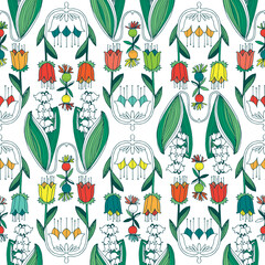 seamless pattern, floral with tulips, lily of the valley and floral elements