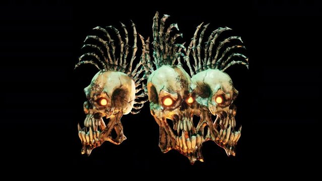 Punk Skull VJ Loop - stylized punk rock skull with spiky bones on the head moving on the beat in seamless loop. Use it in your next VJ thematic sets, metal and gothic festivals, Halloween rave parties