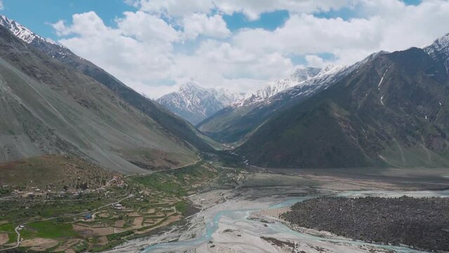 Beautiful Himalayan landscape with snow covered mountains and river flowing near farms in village Jispa, Lahaul and Spiti, India. Amazing landscape of Indian Himalaya. Nature Landscape background