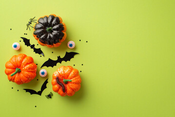 Halloween concept. Top view photo of pumpkins bat silhouettes creepy eyes spiders centipede and...