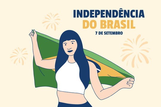 Illustrations of Beautiful Brazilian woman holding Brazil flag for 7 de setembro independence day concept