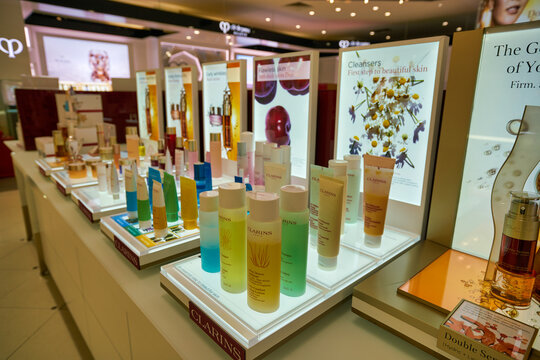 KUALA LUMPUR, MALAYSIA - CIRCA JANUARY, 2020: Clarins personal care products on display at Suria KLCC shopping mall in Kuala Lumpur.