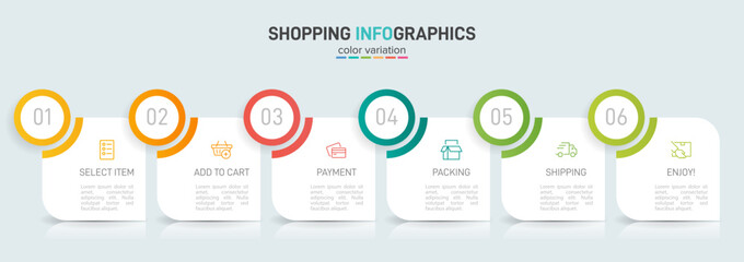 Concept of shopping process with 6 successive steps. Six colorful graphic elements. Timeline design for brochure, presentation, web site. Infographic design layout.