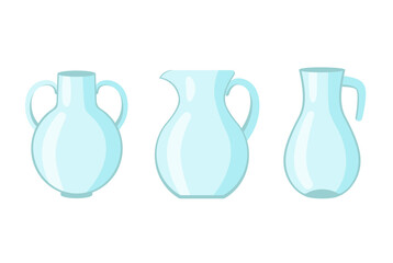 A set of three carafes of different shapes. Glass jugs isolated on white background. Stock vector illustration.