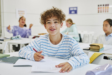 Portrait of young schoolboy with curly hair sitting at desk in school classroom and smiling at camera