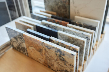 Exposition of ceramics in a showroom new tiling option for floors and walls for home building...