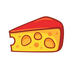 Piece of cheese in a red crust and with holes on a white background.