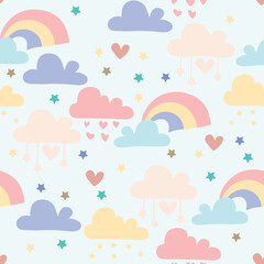 Bright seamless pattern with rainbows and clouds. Print for textile, wallpaper, covers, surface. For fashion fabric.