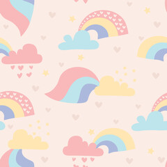 Bright seamless pattern with rainbows and clouds. Print for textile, wallpaper, covers, surface. For fashion fabric.