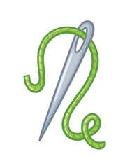 Needle with green thread on a white background. Vector illustration with sewing kit