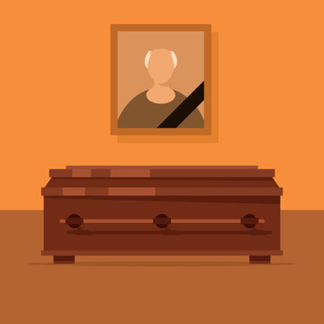 Vector Image Of A Coffin In A Funeral Home, Isolated On White Background.