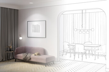 A sketch becomes a modern classic room with a horizontal poster near the arch to the dining room with chairs and a table by the window, flowers on the coffee table, a lamp near a pink sofa. 3d render