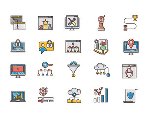 Filled outline Icons Set of Search Engine Optimization icons, Simple Mono Line Pictogram Pack, Vector Logo Concept, Web Graphic. Vector icons.