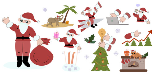 Set of Christmas icons. Santa Claus, gifts, Christmas symbols, Christmas in the tropics.