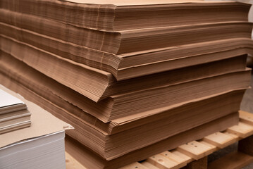 Lots of kraft paper lying on top of each other on wooden pallets at a printing plant, craft paper...