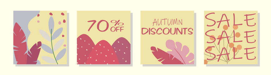 Thematic images of autumn promotions and black friday. Sale and low prices -50% off vector set of design illustrations. Drawings in the style of autumn, leaves, grass, sun, cones and mushrooms