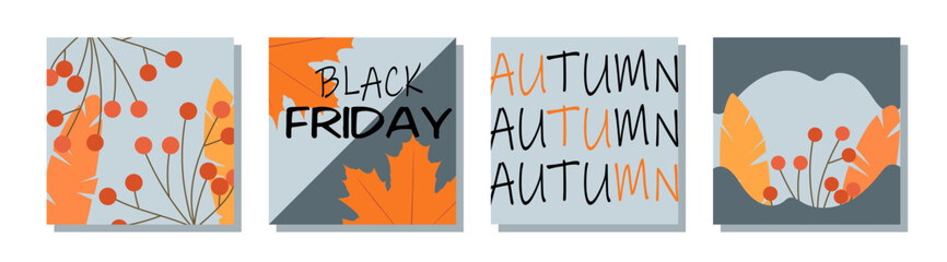 Thematic images of autumn promotions and black friday. Sale and low prices -50% off vector set of design illustrations. Drawings in the style of autumn, leaves, grass, sun, cones and mushrooms